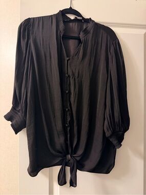 Black Tie-Front Puff-Sleeve Blouse - Women